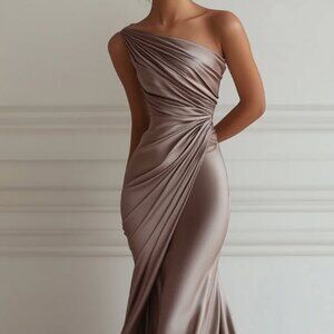 Champagne Satin One-Shoulder Gown